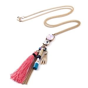 Pink/ Coral Gem Tassel Gold Tone Long Necklace NWT